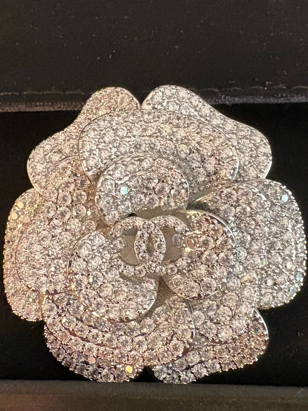CHANEL Silver Crystal Camellia Brooch - Sparkling Silver